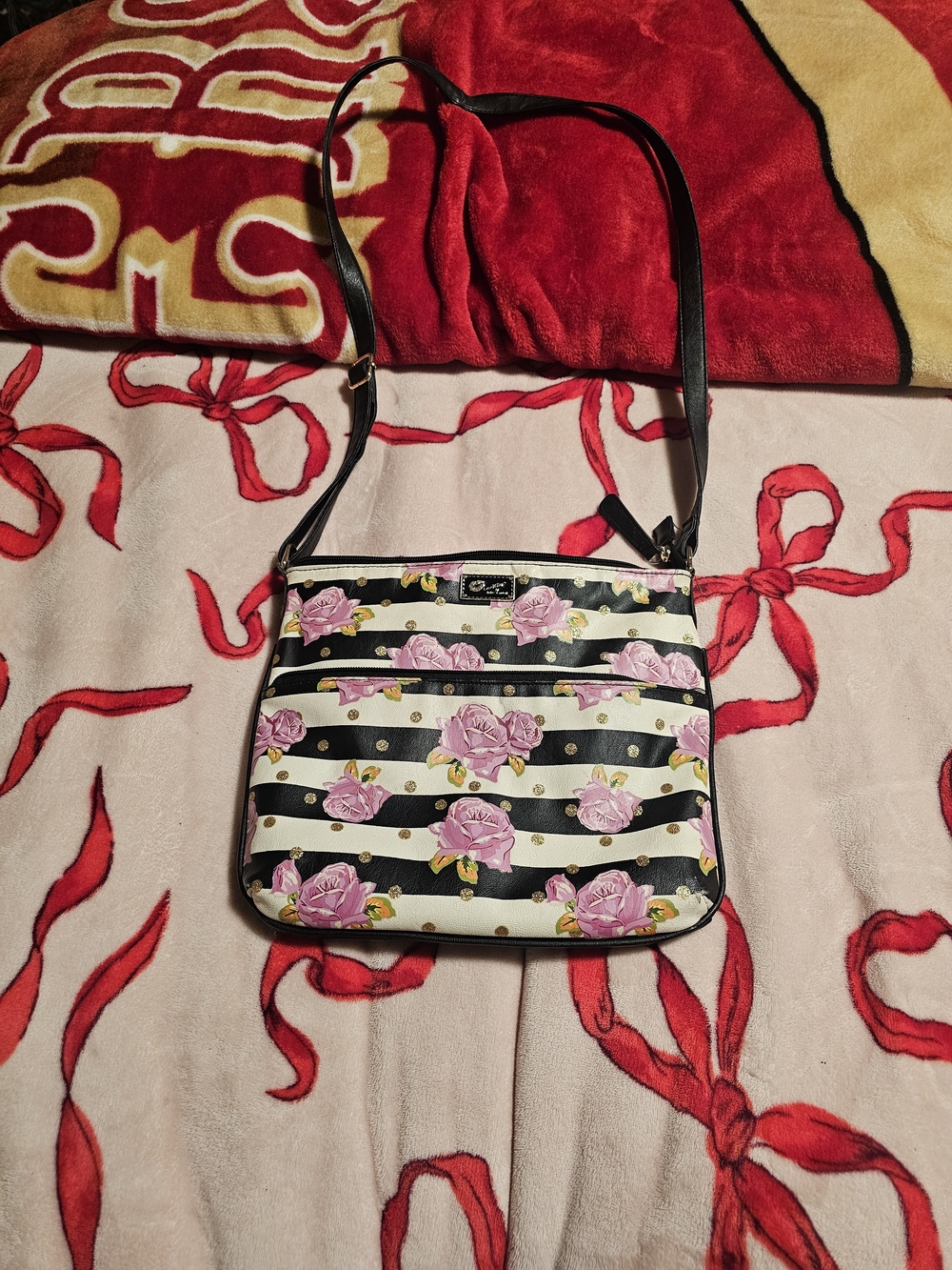 Striped Floral Crossbody Bag - Black, White & Pink